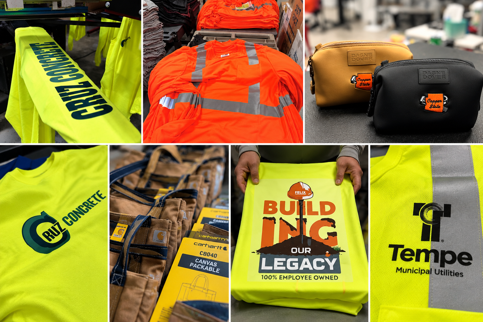 Custom branded construction apparel produced by Anton Sport, including high-visibility shirts, reflective safety apparel, workwear, and branded gear