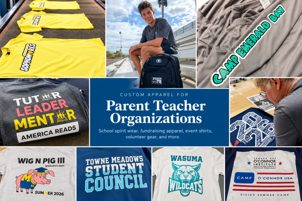 Collage of custom school spirit wear, student council shirts, camp apparel, backpacks, and screen printing projects by Anton Sport